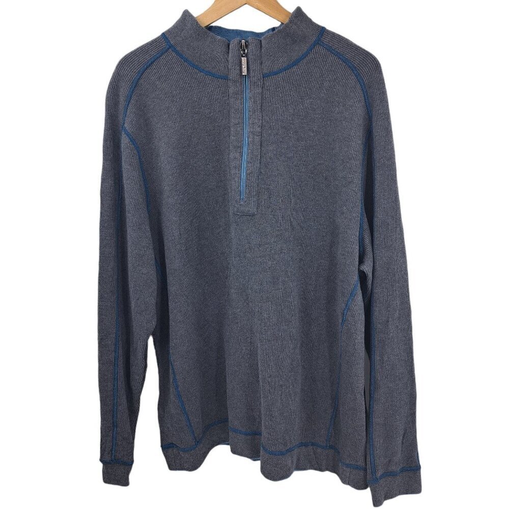 Tommy Bahama 1/4 Zip Reversible Mock Neck Long Sleeve Sweater Size L Blue Gray